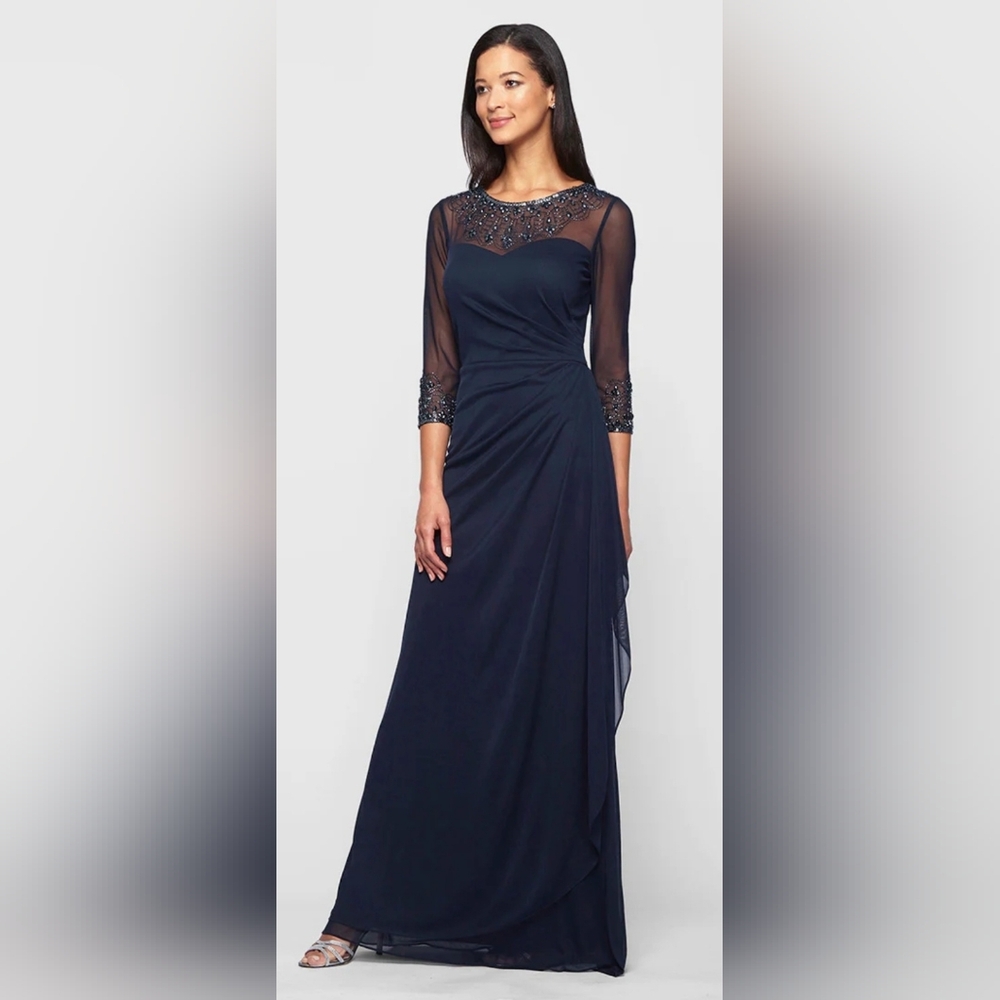 Size 12 - Alex Evenings Joanna Sweatheart Neckline Long Navy Dress $289